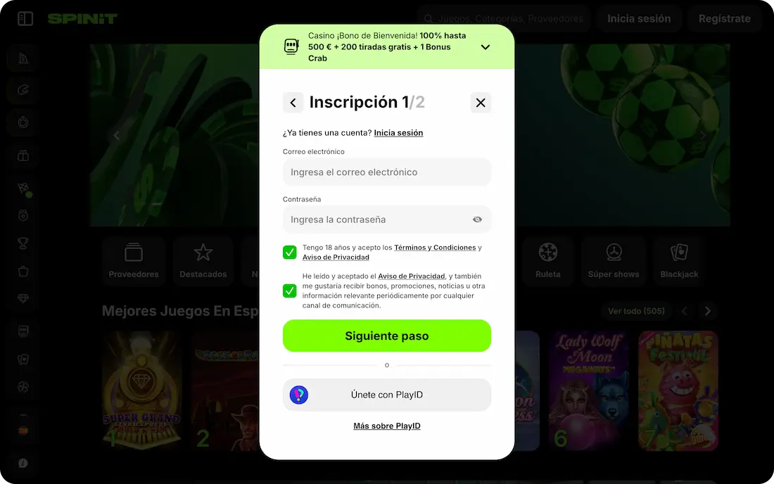 registro en el casino spinit